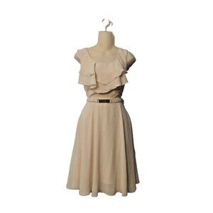 H&M Womens Dress 6 Peach Beige Ruffled Neckline Belted Lined Party Lightweight